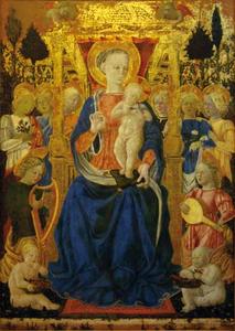 Giovanni Boccati, 1420-vers 1487, La Vierge et l'Enfant sur un trône entre des anges et deux putti, entre 1444 et 1480, tempera et tempera grasse avec glacis d'huile, dorure, Musée Fesch , Ajaccio.